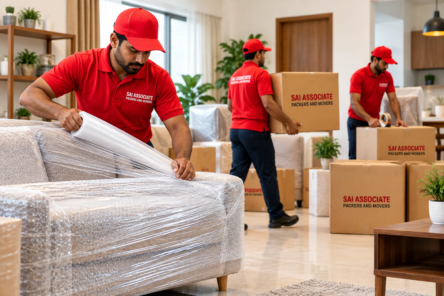 Sai Associate Packers and Movers team professionally packing household goods in Pondicherry