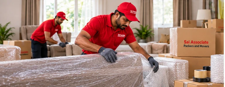 Sai Associate moving team carefully handling packed household items in Pondicherry