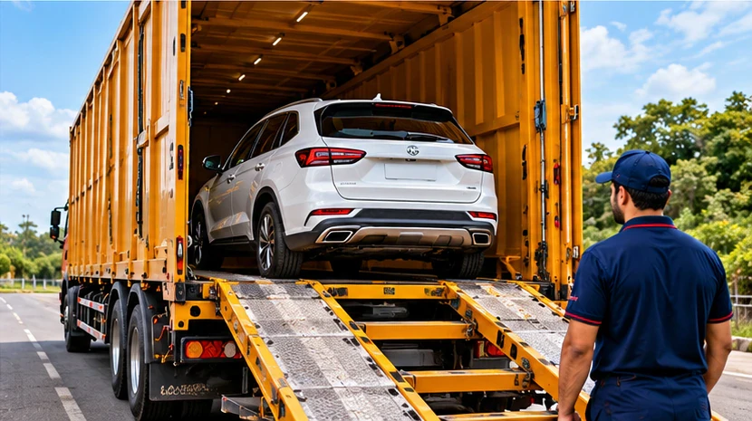 Car being prepared for vehicle transportation service
