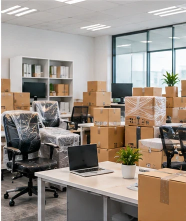 Office furniture and equipment prepared for relocation