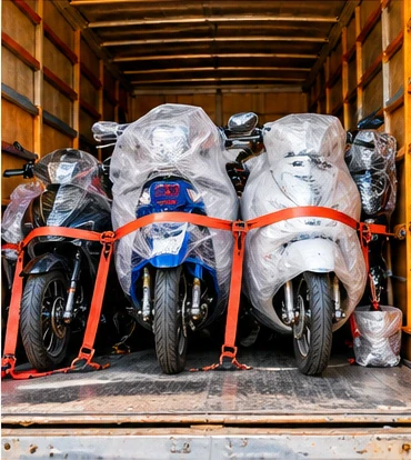 Two wheelers packed securely for transportation