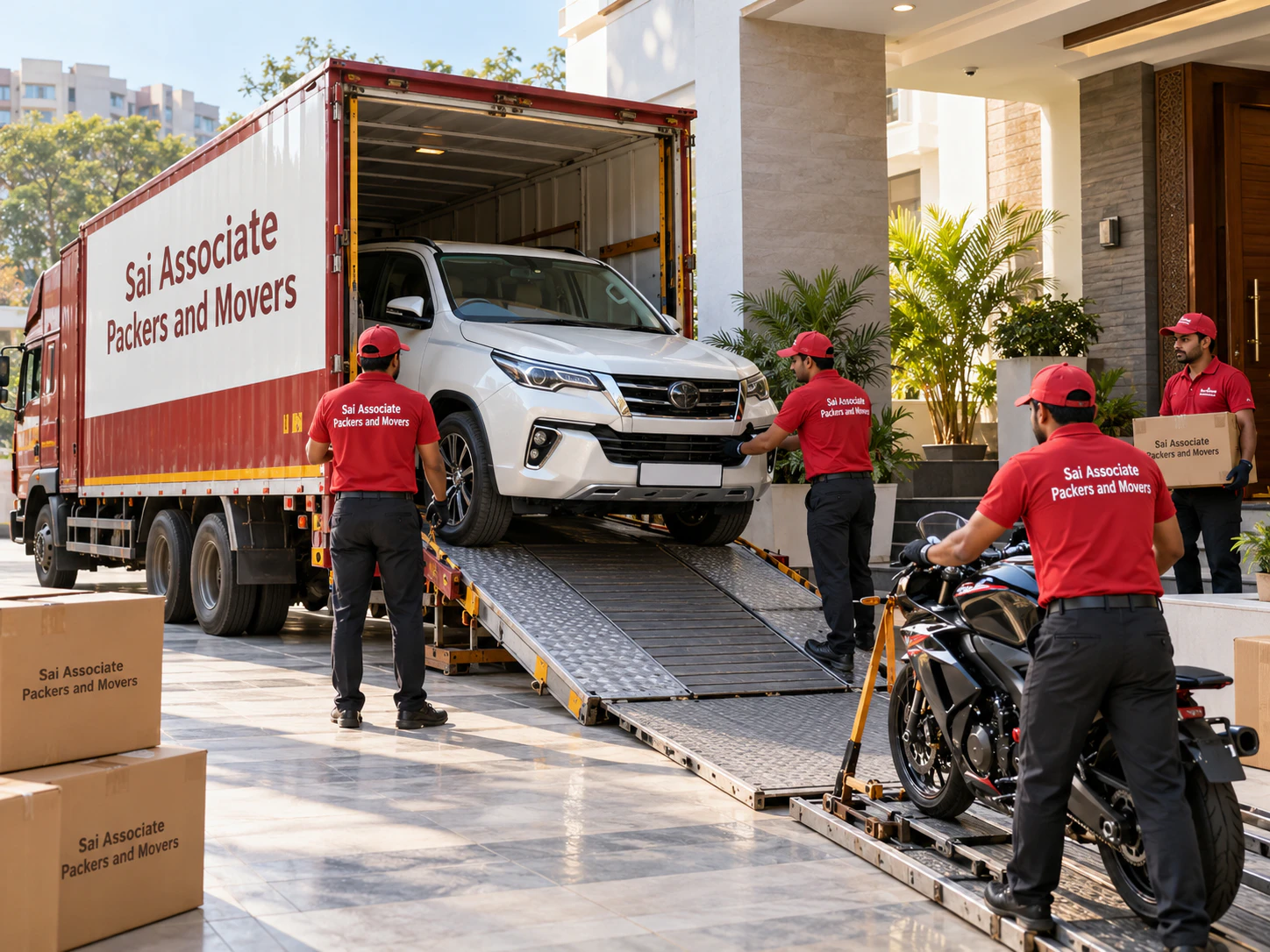 Car and bike being unloaded at destination after transportation