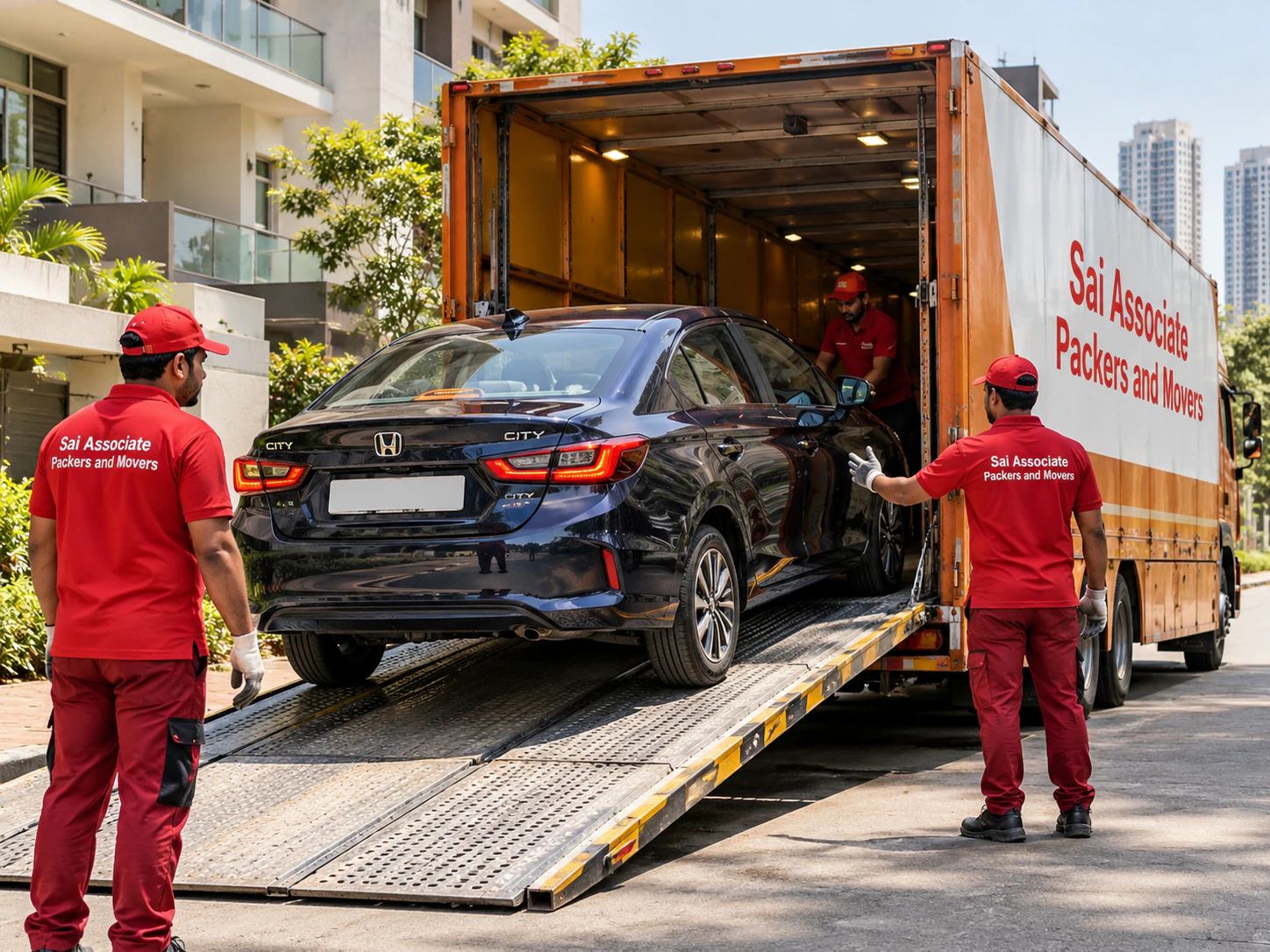 Car transportation service with movers and transport truck in Pondicherry